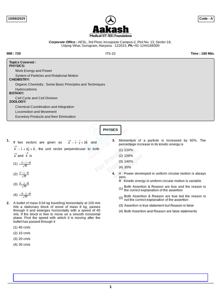 ITS - 10 Code A Question Paper | PDF | Rotation Around A Fixed Axis ...