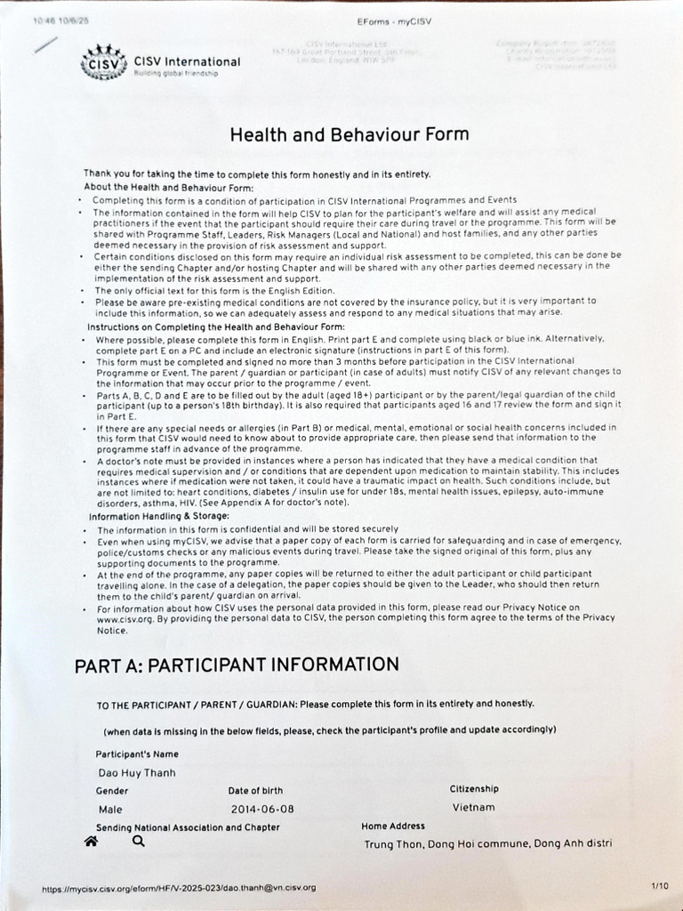 CISV Health and Behaviour Form Guide | PDF | Mental Disorder ...