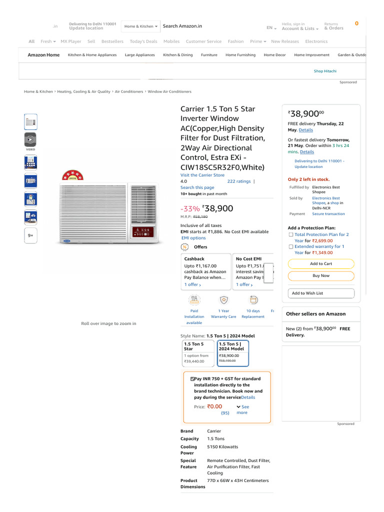 Carrier 1.5 Ton 5 Star Inverter Window AC (Copper, High Density Filter ...