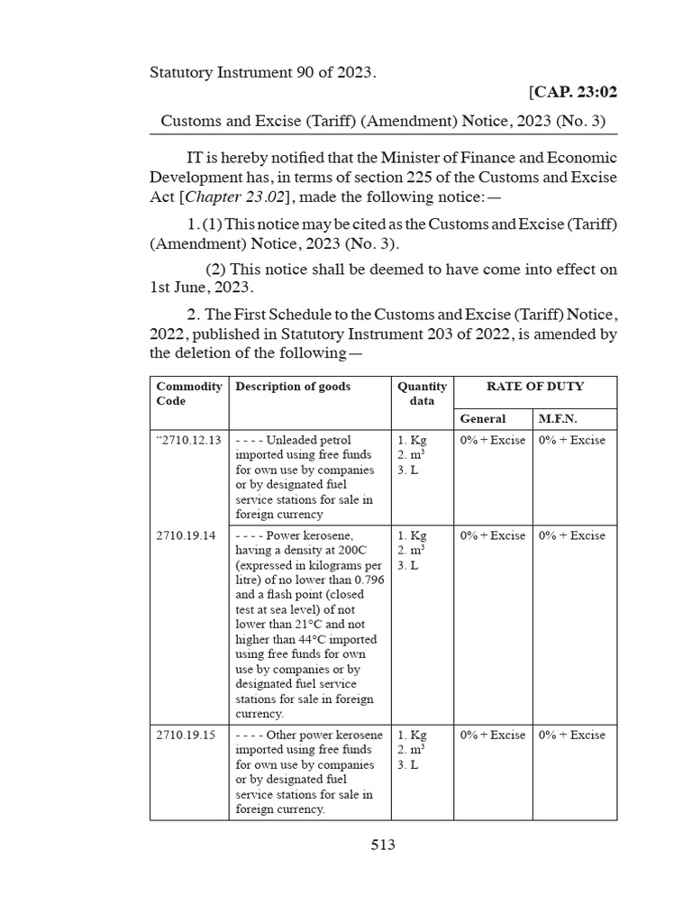 Customs and Excise Tariff Amendment 2023 | PDF | Excise | Taxation