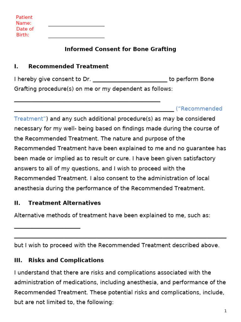 Dental Bone Grafting Consent Form | PDF | Medicine | Clinical Medicine