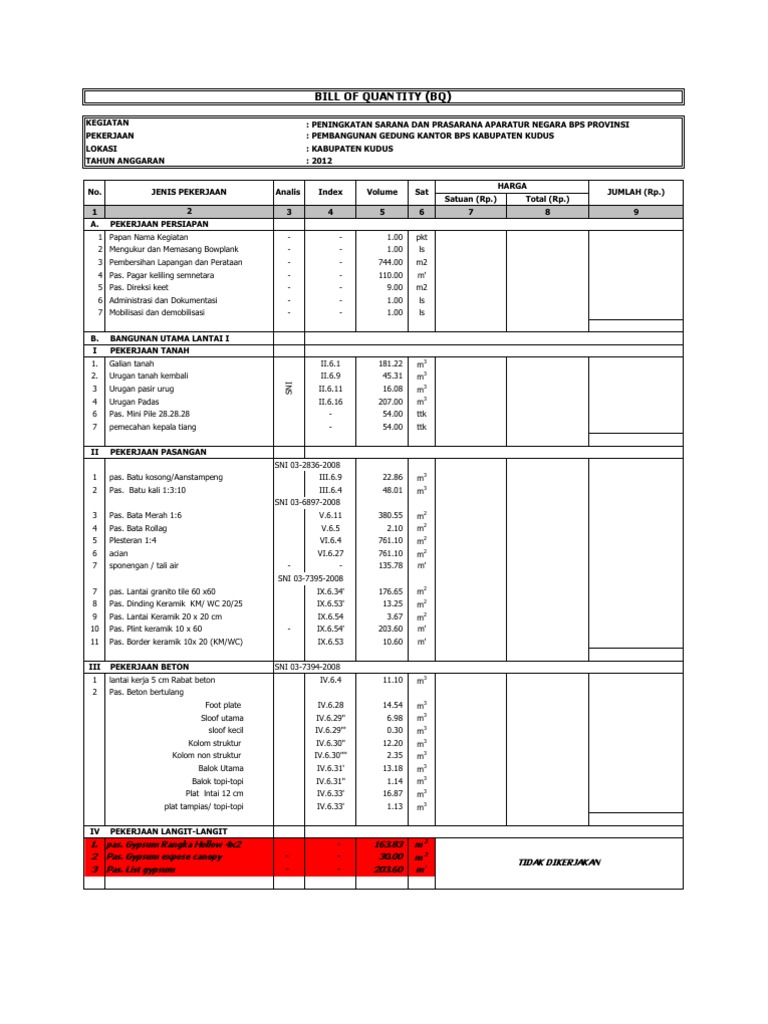 Contoh Bill of Quantity Proyek BPS | PDF | Home & Garden
