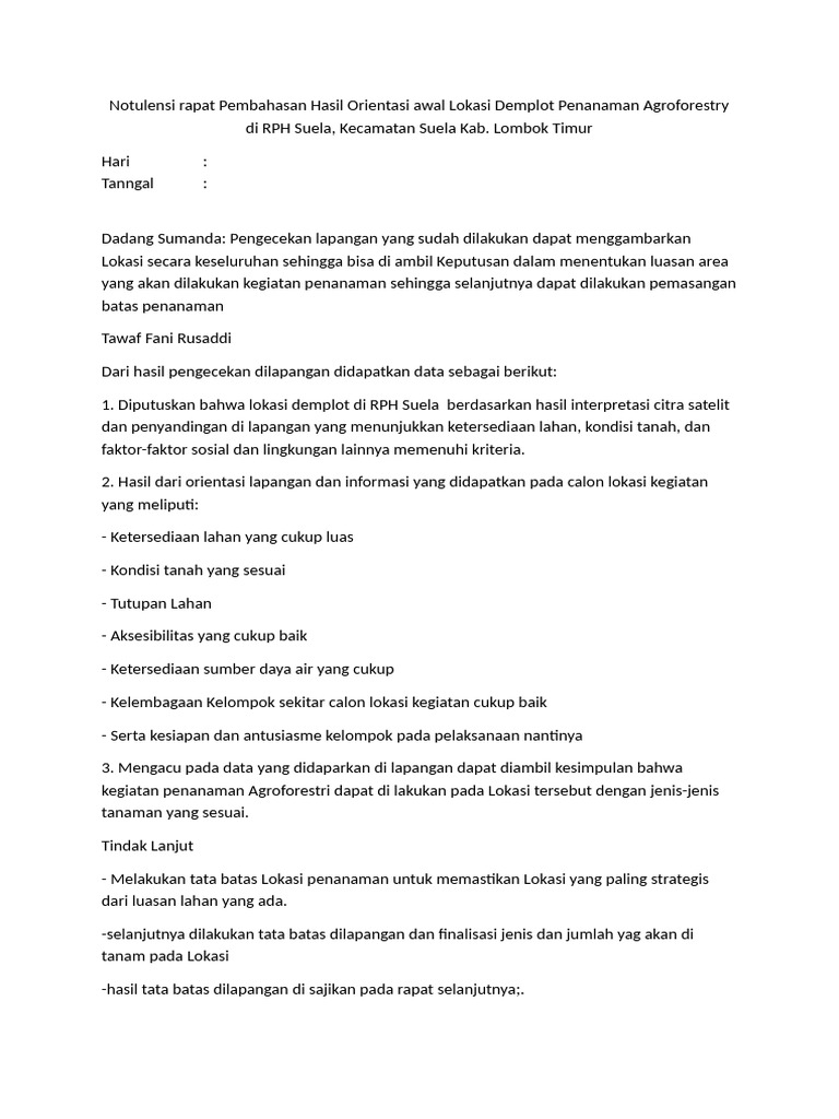 Notulensi Rapat Pembahasan Hasil Orientasi Awal Lokasi Demplot ...