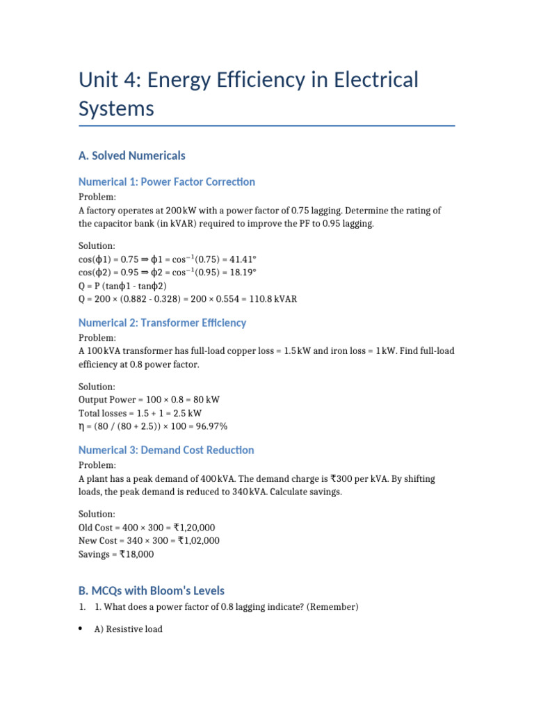Unit 4 Energy Efficiency Notes With QA | PDF | Electric Motor | Capacitor