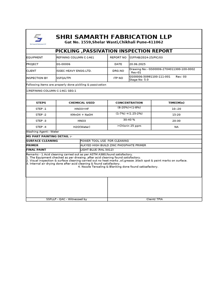 Pickling & Passivation Report C-1461 | PDF | Chemistry | Secondary ...