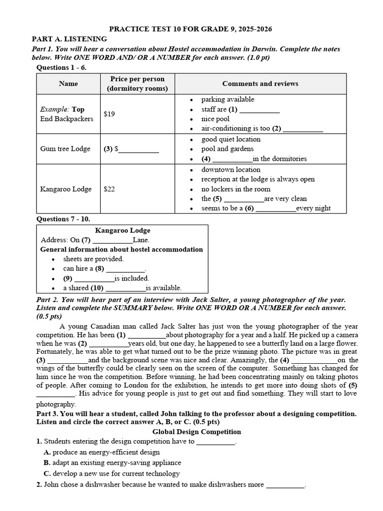 PRACTICE TEST 10 FOR GRADE 9, 2025-2026 | PDF