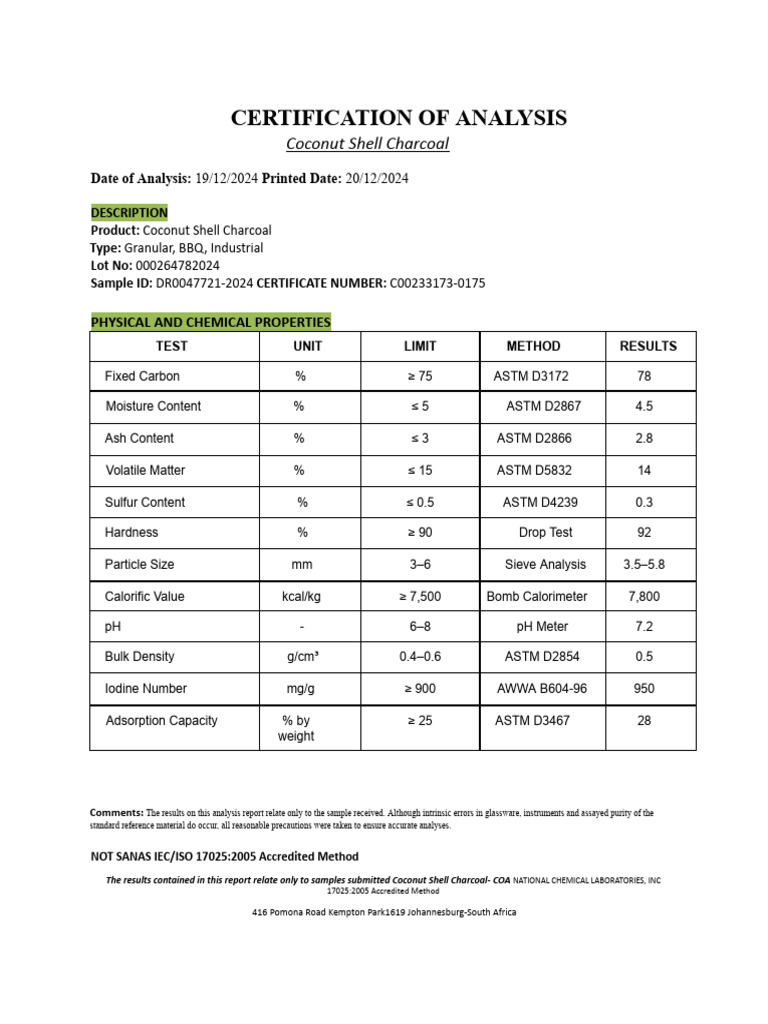 Certificate of Analysis Coconut Shell Charcoal | PDF | Physical ...