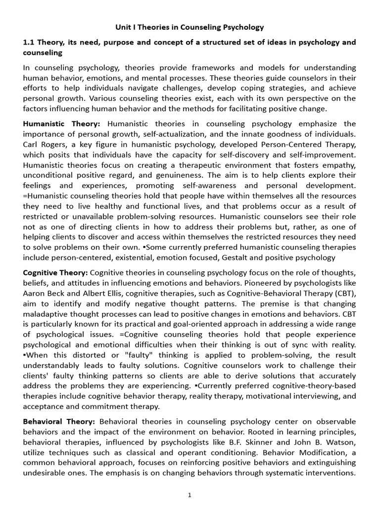Counseling Psychology Theories Overview | PDF | Psychotherapy ...