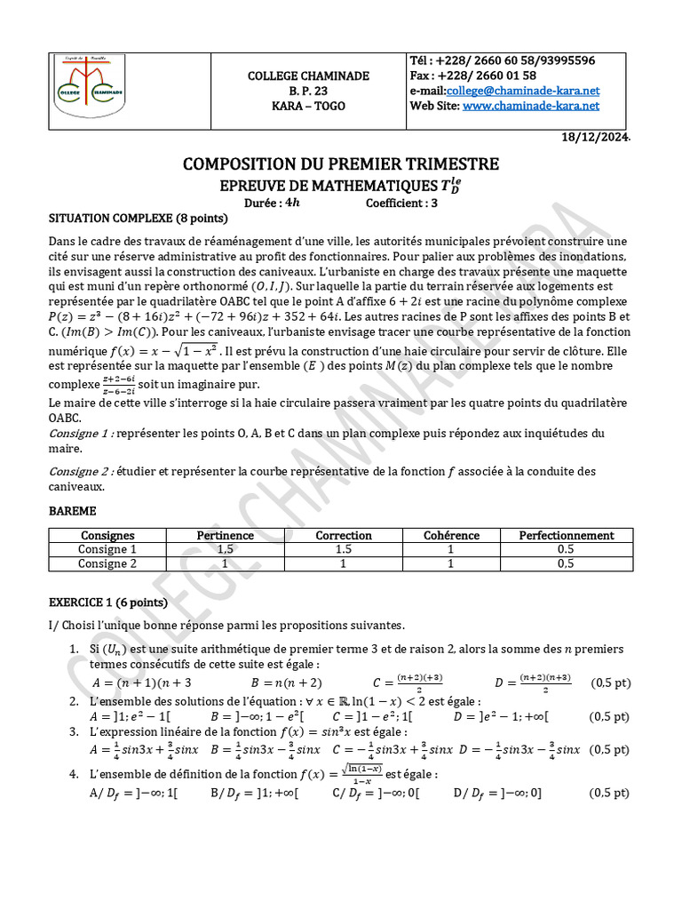 Épreuve de Mathématiques - Premier Trimestre | PDF | Zéro d'une ...