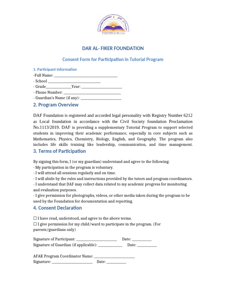 DAF Foundation Tutorial Program Consent Form | PDF