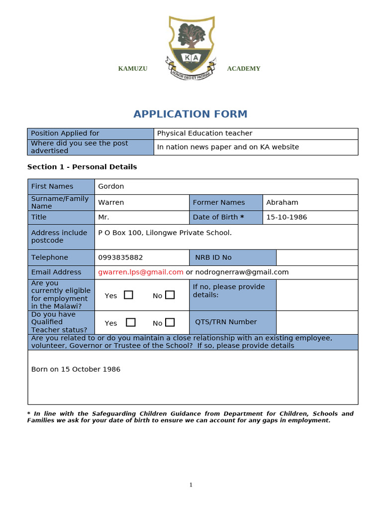Application for PE Teacher Position | PDF