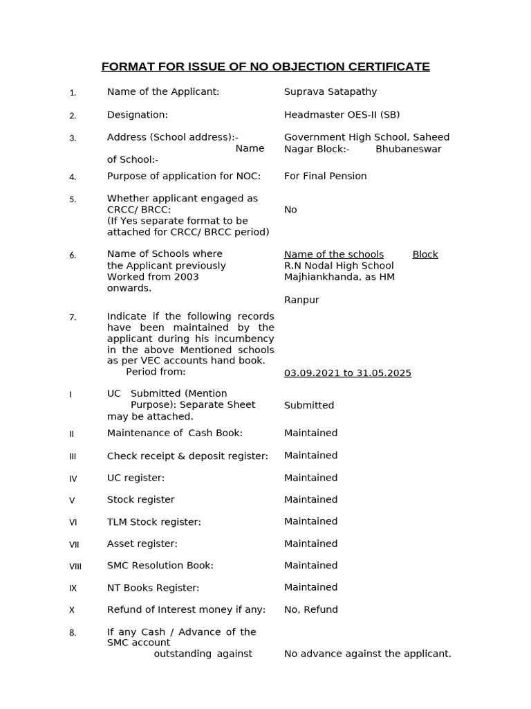 Format for Issue of No Objection Certificate of Dolly (1) | PDF | Chess ...