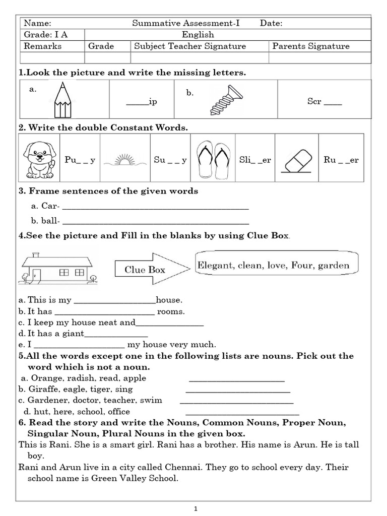 English Activities for Grade I Students | PDF