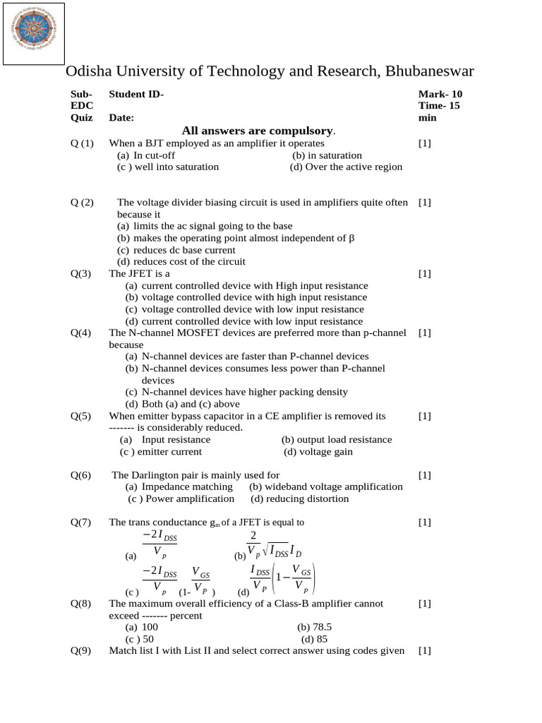 EDC Lab Question (A3) | PDF | Amplifier | Field Effect Transistor