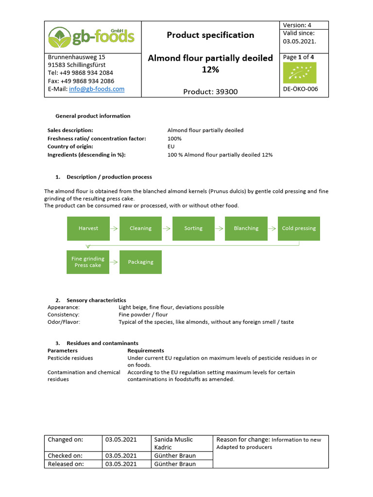 Partially Deoiled Almond Flour Specs | PDF | Almond | Flour
