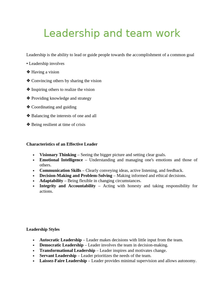 Leadership and Teamwork Essentials | PDF | Leadership | Behavioural ...