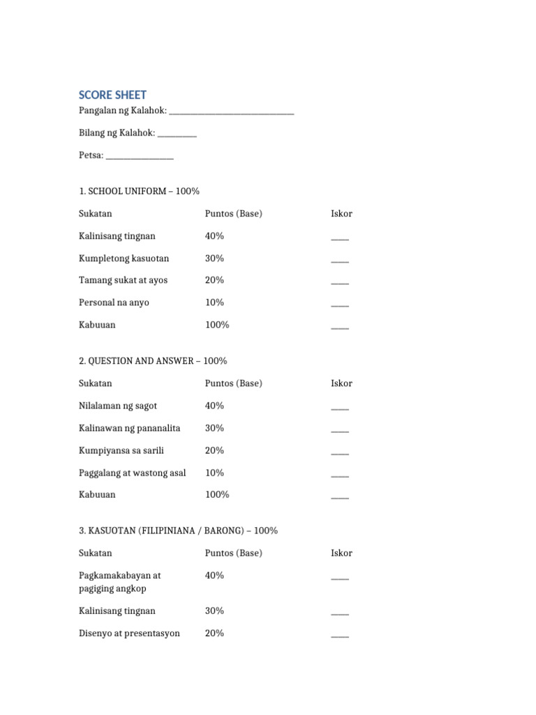 Score Sheet for Filipino Participants | PDF