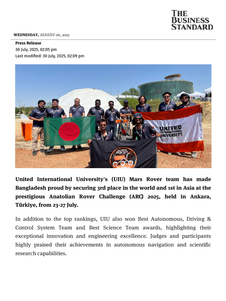 UIU Mars Rover Ranks 3rd at ARC 2025 - TBS | PDF