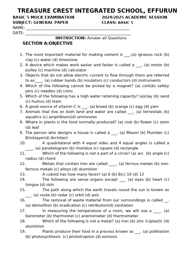 Basic 5 General Paper Mock Exam 2024 | PDF | Meal | Lunch