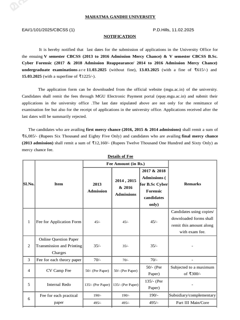 CBCSS Exam Application Deadlines 2025 | PDF