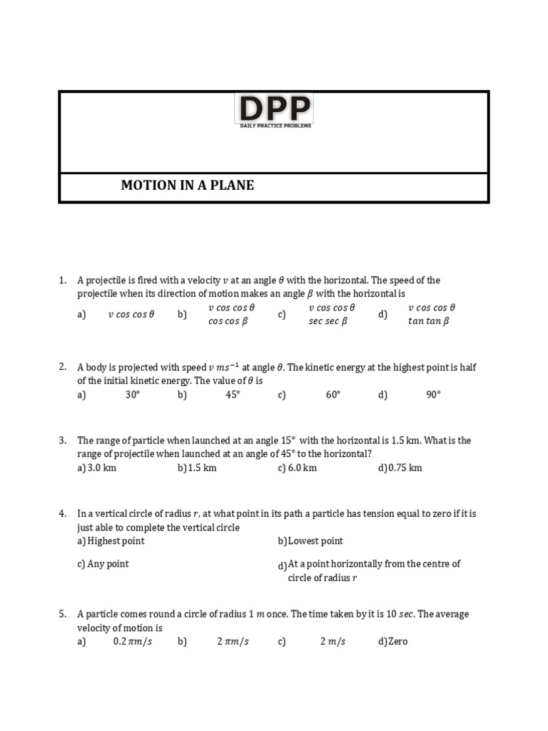 Physics DPP on Motion in a Plane | PDF | Acceleration | Velocity