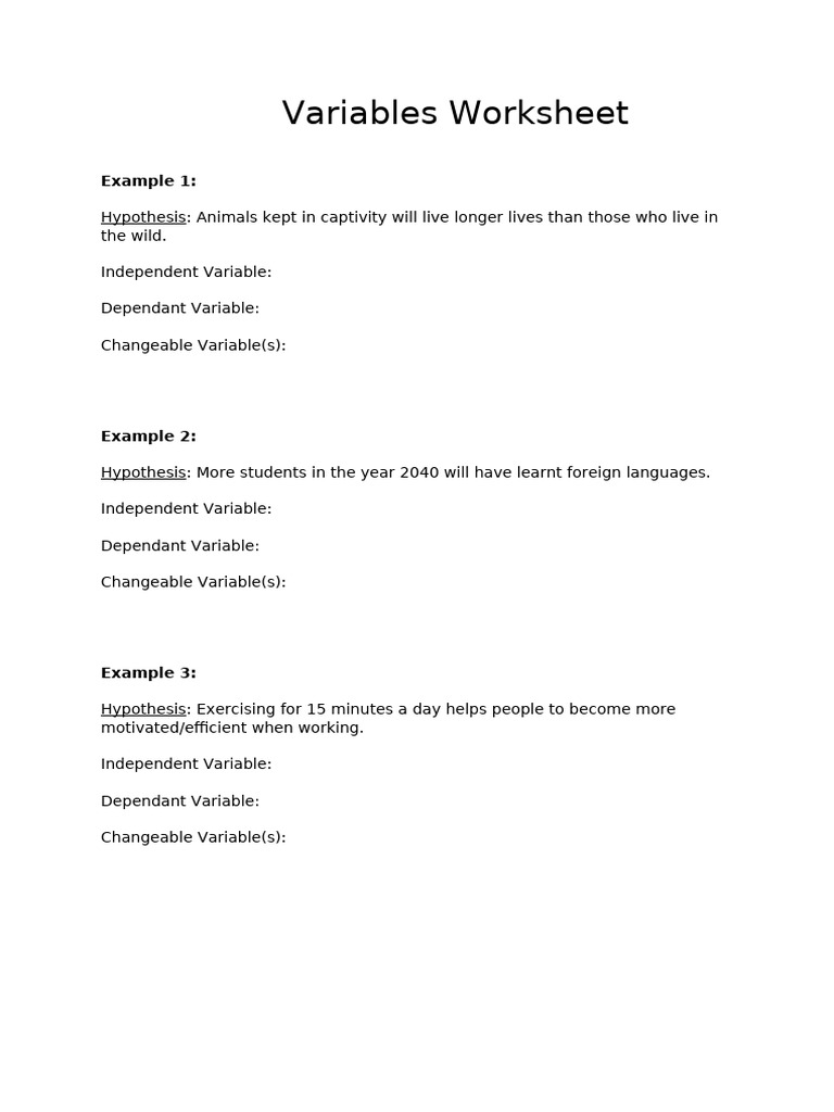 Variables Worksheet for Hypothesis Testing | PDF
