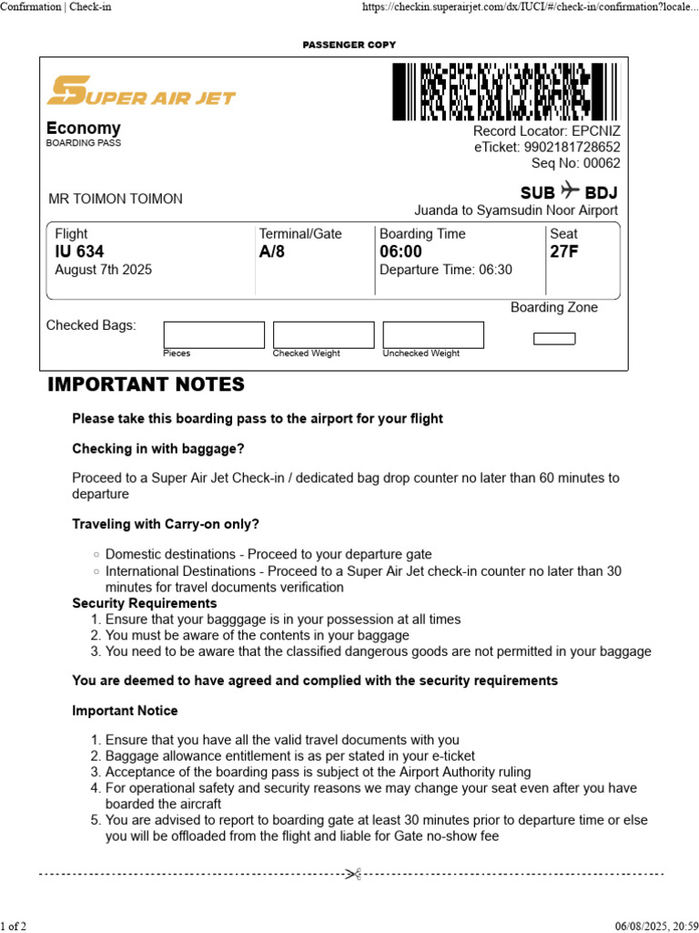 Confirmation - Check-In | PDF | Aviation