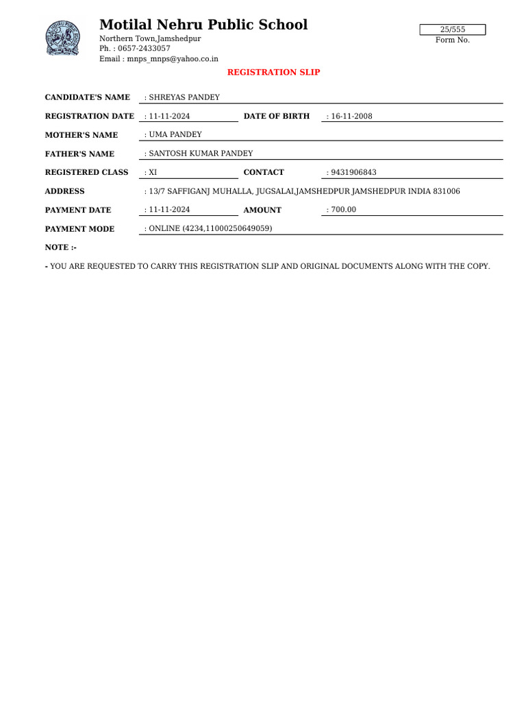 Motilal Nehru Public School Registration Slip | PDF