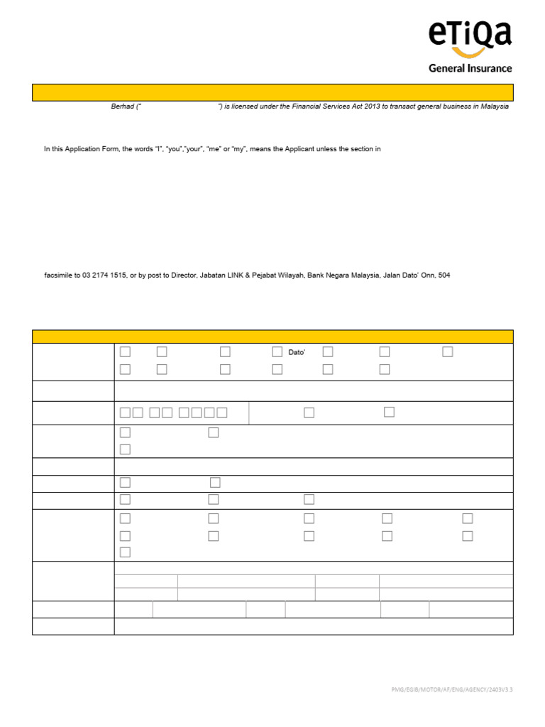 Motor Insurance Application Form Malaysia | PDF | Insurance | Legal ...