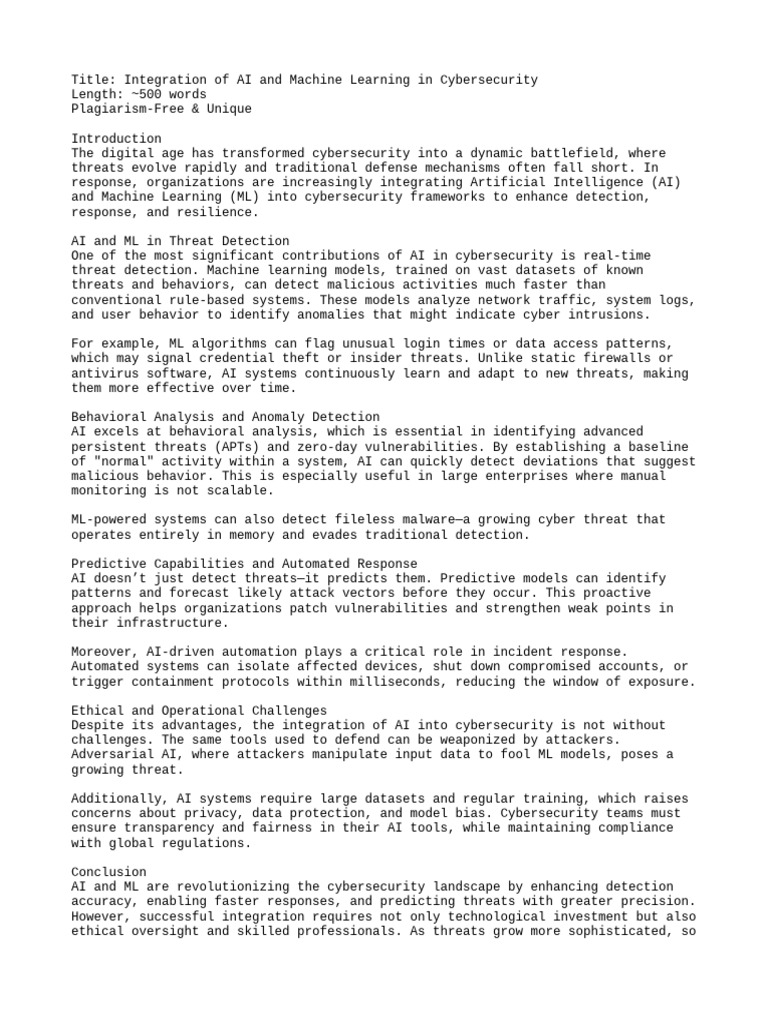 Integration of AI and Machine Learning in Cybersecurity | PDF ...