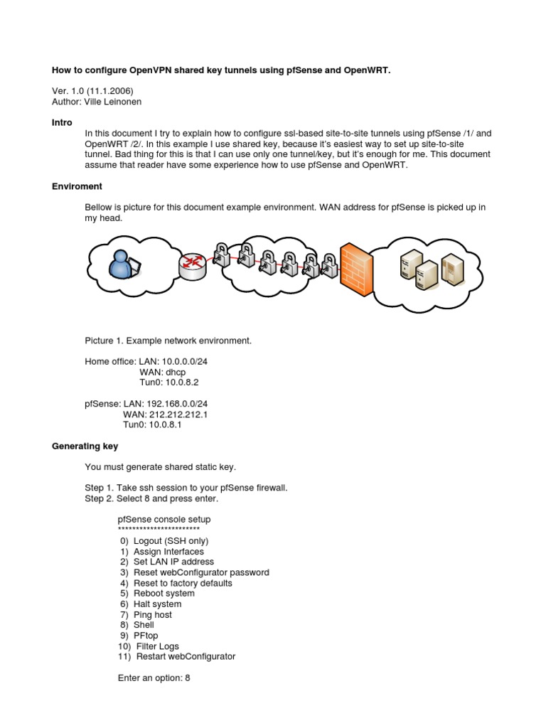 How To Configure OpenVPN Shared Key Tunnels Using PfSense and OpenWRT | PDF