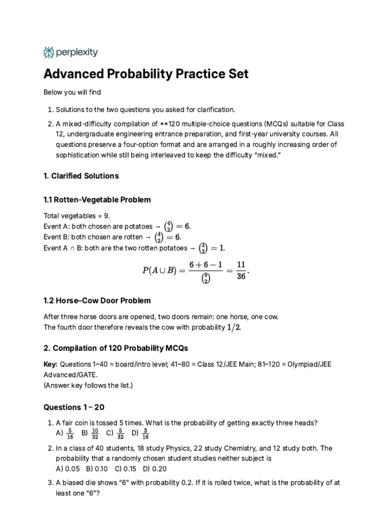 Advanced Probability MCQs Compilation | PDF | Expected Value ...