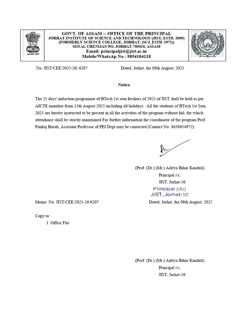 JIST BTech 1st Sem Induction Notice 2025 | PDF