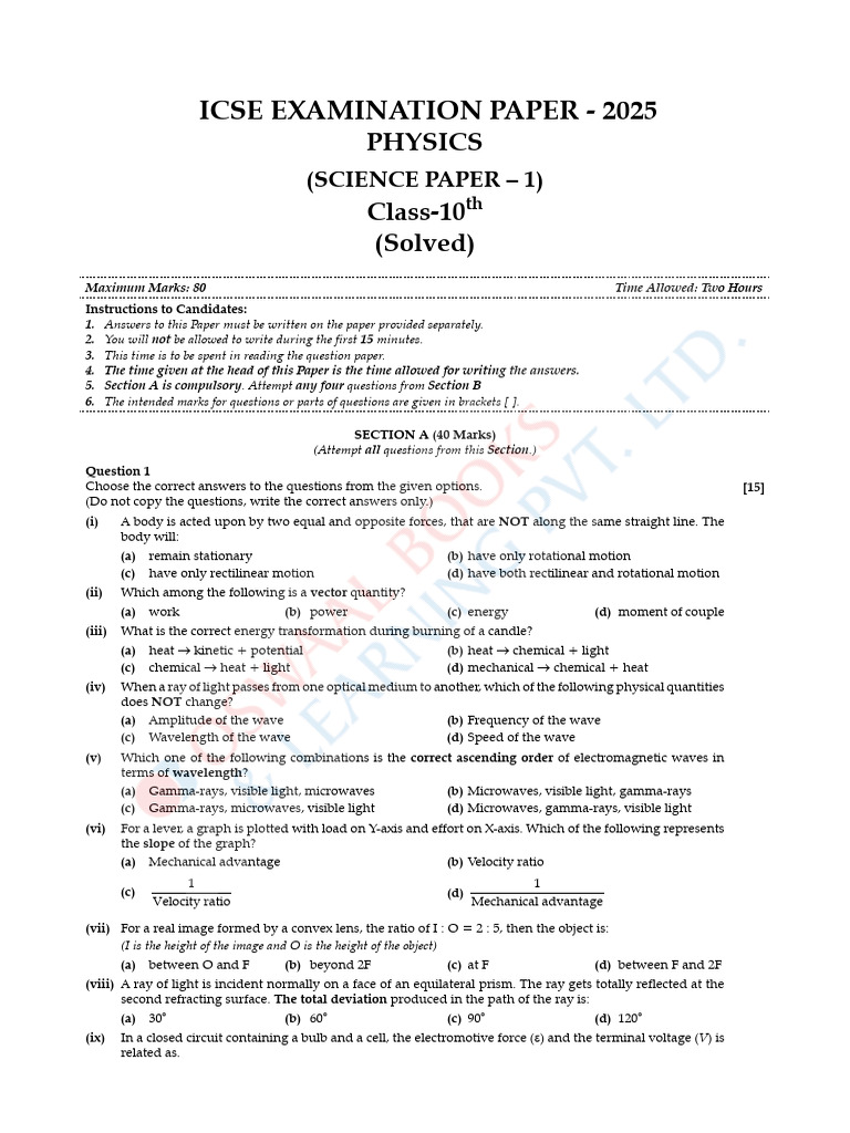 ICSE Class 10 Physics Exam Paper 2025 | PDF | Refraction | Wavelength