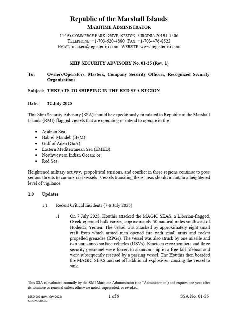 Red Sea Shipping Security Advisory 2025 | PDF | Houthis | Ships