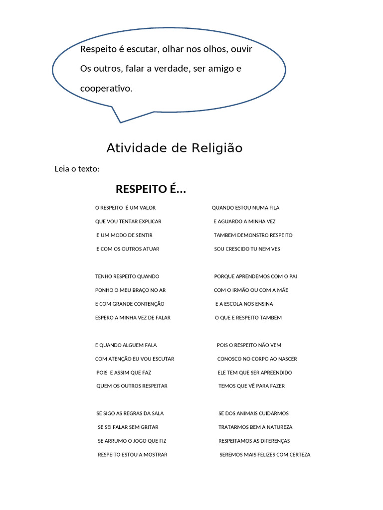 Atividade sobre Respeito na Religião | PDF