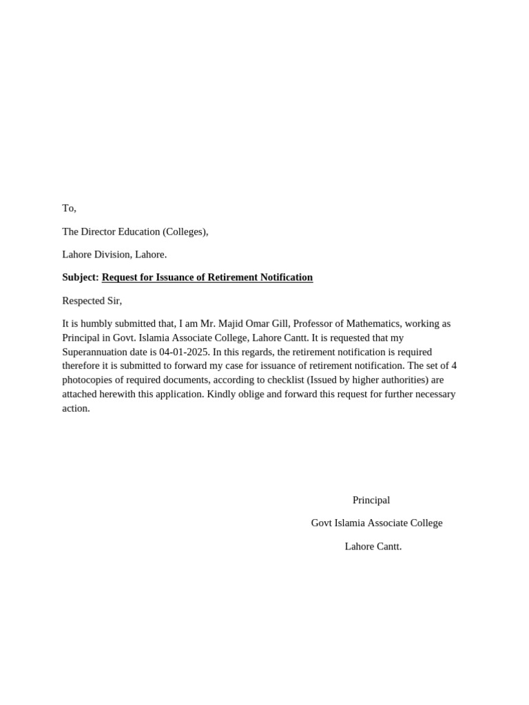 Retirement Notification Request Letter | PDF