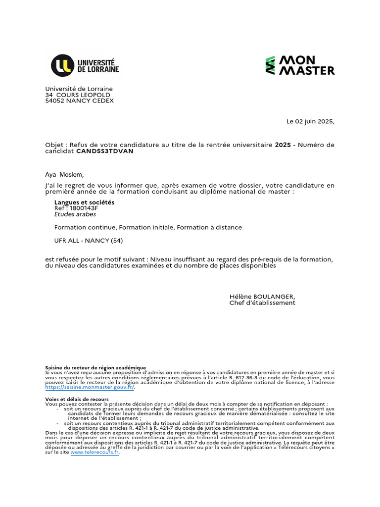 Refus de candidature au master 2025 | PDF | Gouvernement | Justice