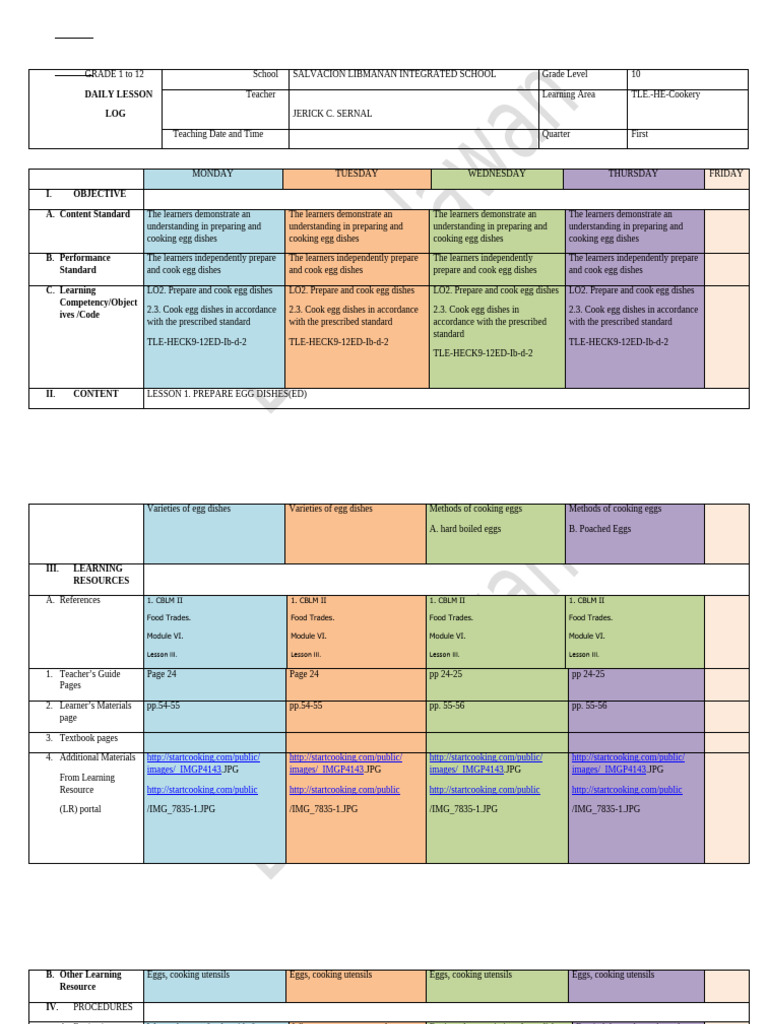 Grade 10 TLE Cookery Lesson Plan | PDF | Cooking | Cognition