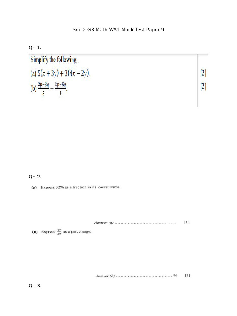 Sec 2 G3 Math WA1 Mock Test Paper 9 | PDF