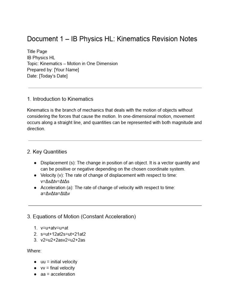 IB HL Kinematics Revision Notes | PDF