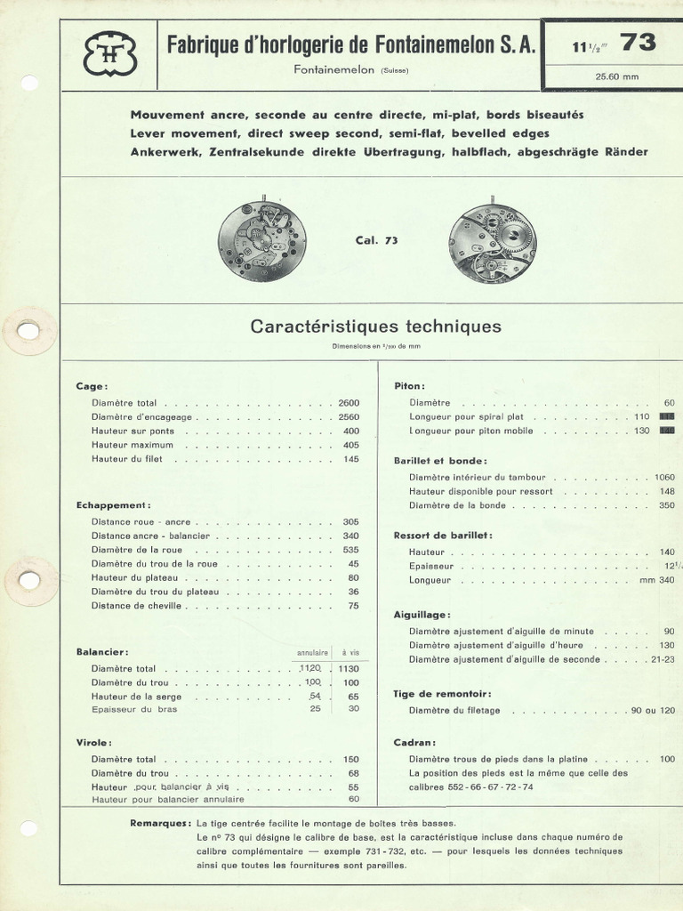Spécifications Techniques Calibre 73 | PDF | Mécanique | Composant