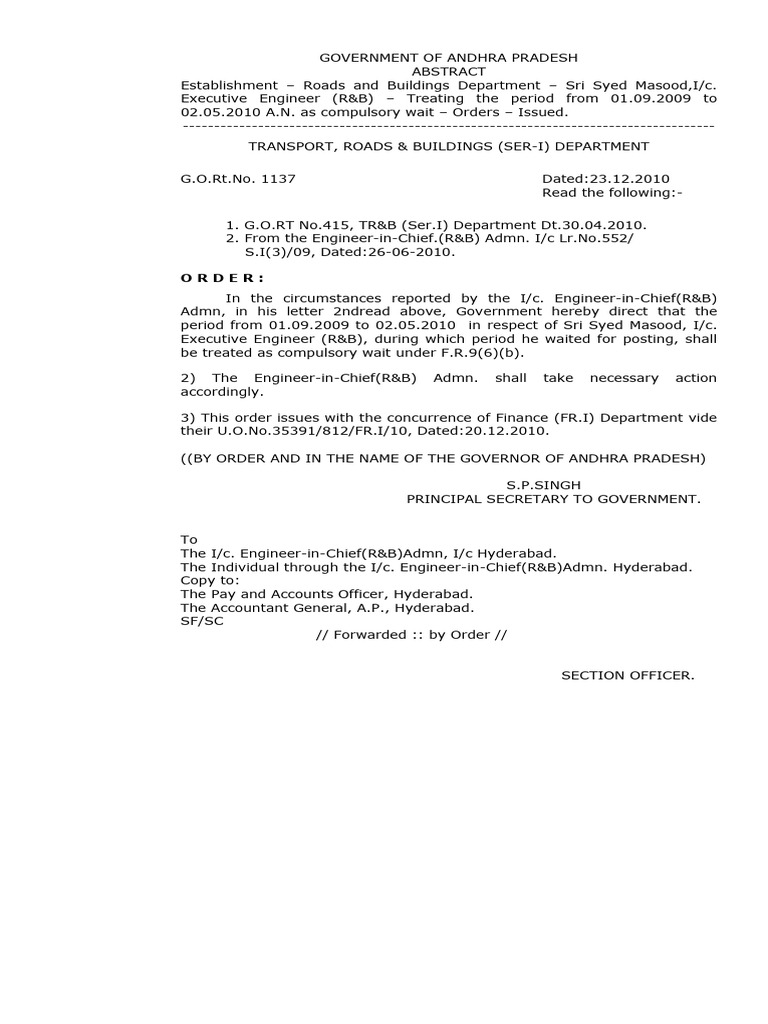 Andhra Pradesh R&B Compulsory Wait Order | PDF