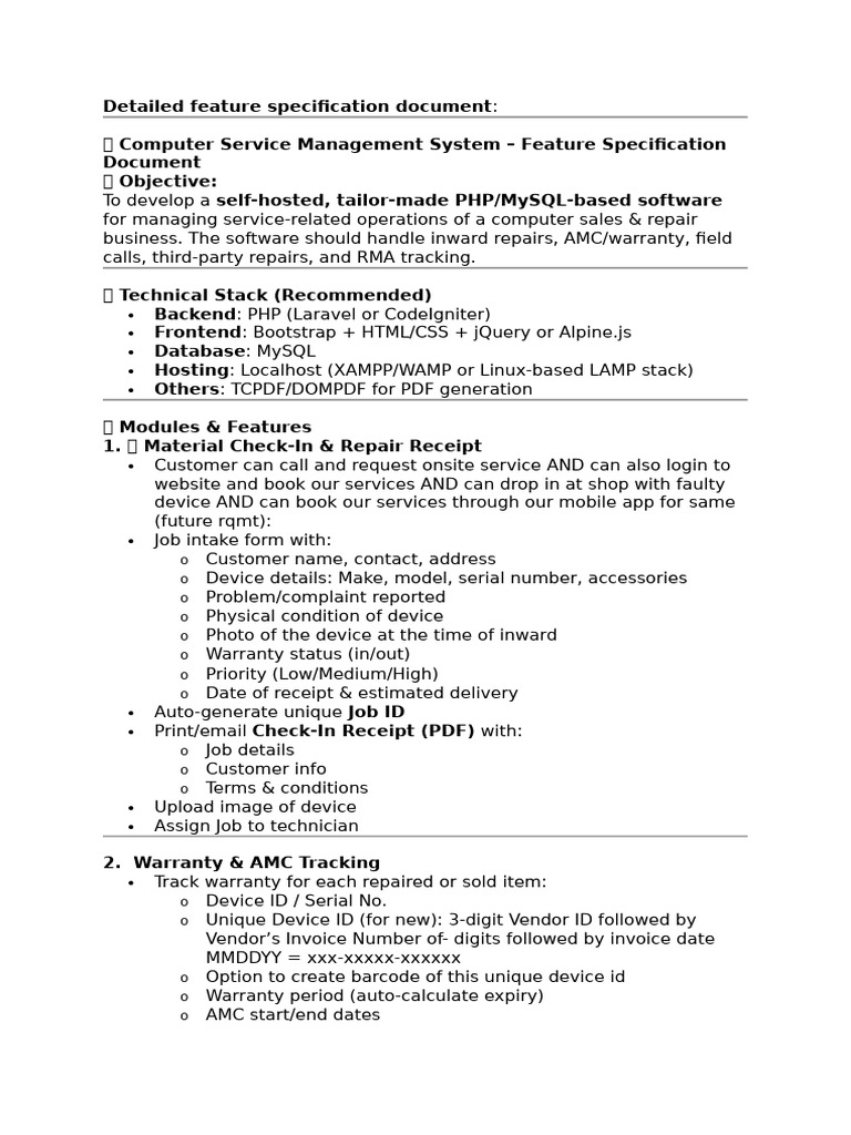Computer Service Management Software Specs | PDF | Receipt | Computing