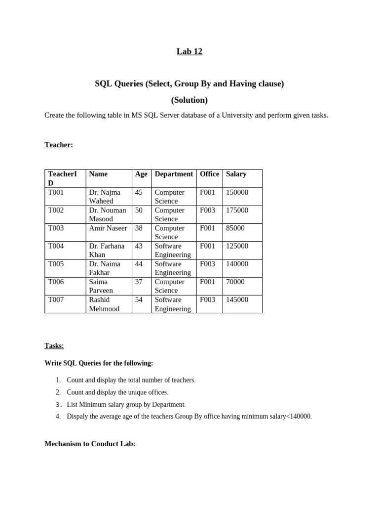 Lab 12-SQL Queries (Select, Group by and Having Clause) | PDF