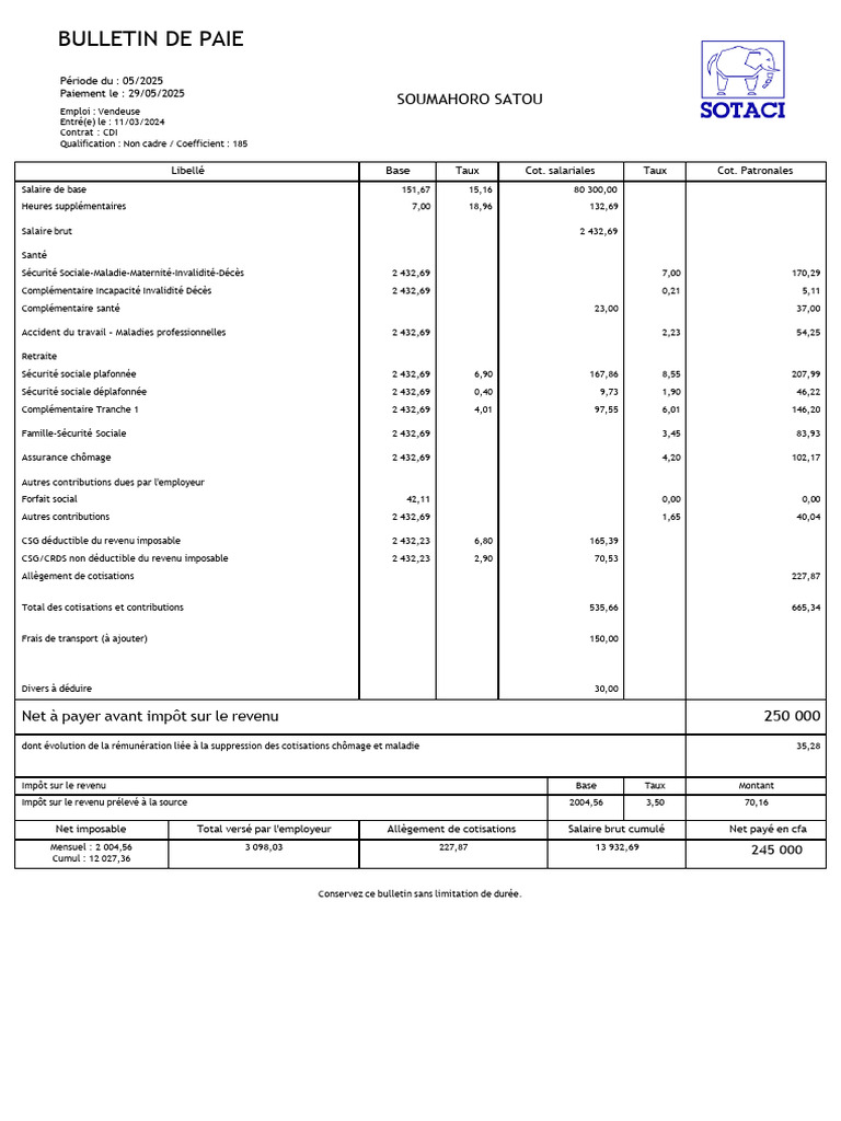 Bulletin de paie détaillé 2025 | PDF | Impôt sur le revenu | Salaires