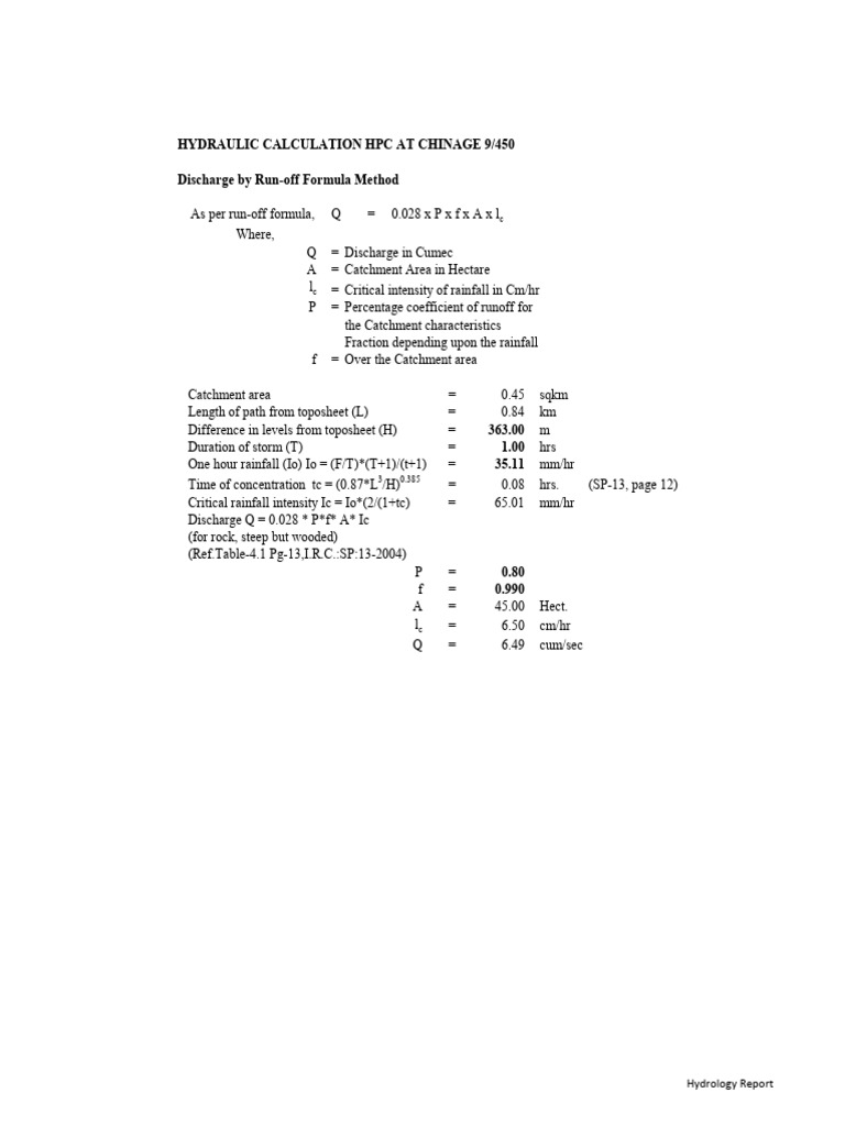 Hydraulic Calculation HPC at Chinage 9/450 Discharge by Run-Off Formula ...