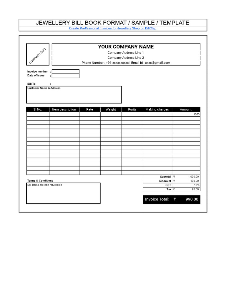 Jewellery Bill Book Template | PDF