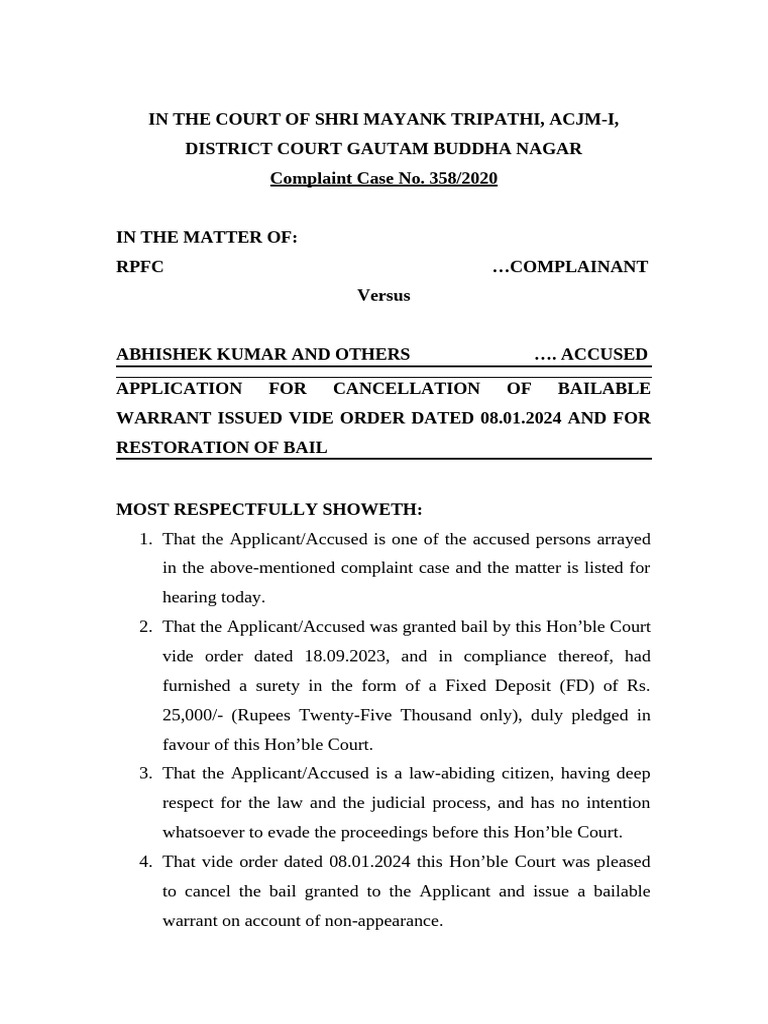 Bailable Warrant Cancellation Application | PDF | Bail | Affidavit