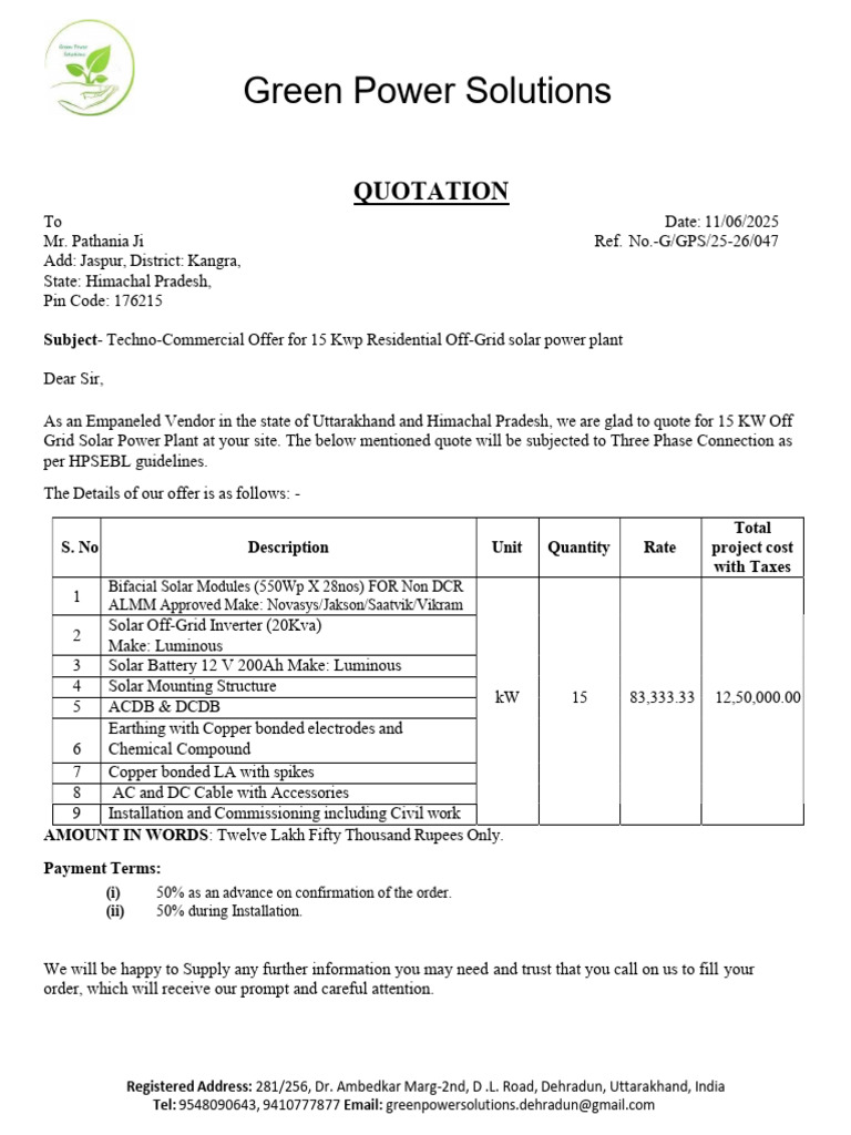 15 KW Off Grid Quotation For Mr. Pathania JI Backup | PDF | Renewable ...